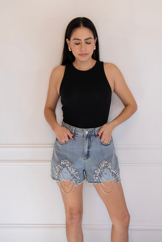 Bejeweled denim shorts